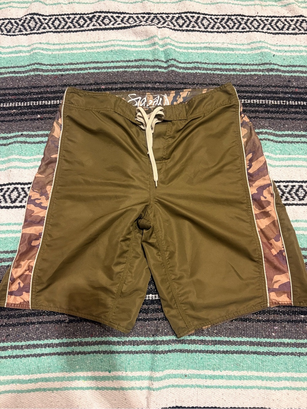Olive Green Men's Swim Trunks with Camo Side Panels